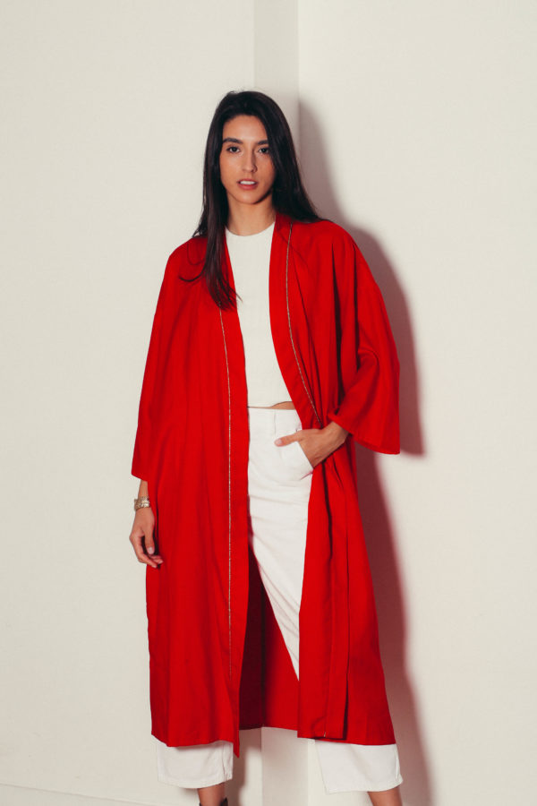 Kimono rouge femme en coton, fabriqué en France.
